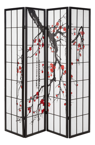 Roundhill Biombo Negro De 4 Paneles Con Diseño Japonés De