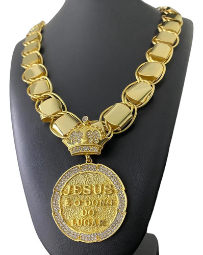 Cordão Dubai 20mm + Pingente Jesus É O Dono Banhado A Ouro