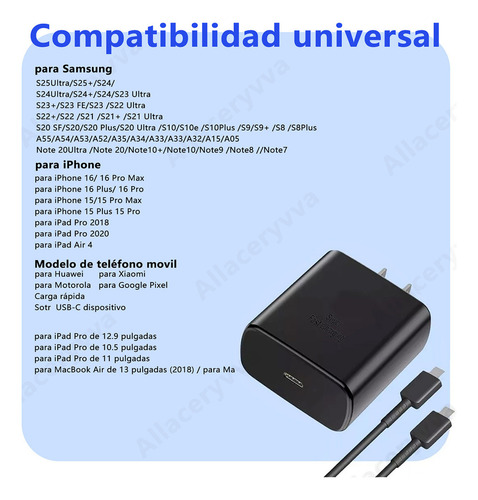 Allaceryvva® Cargador 3M Tipo C Super Rapid de 45 W para Samsung S25 Ultra/S24 Ultra/S23 Ultra/S22 Ultra para iPhone 15/16 Pro Max