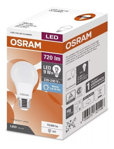 Pack X200 Lampara Led 9w=75w Osram Luz Fría - Elect. Avella.