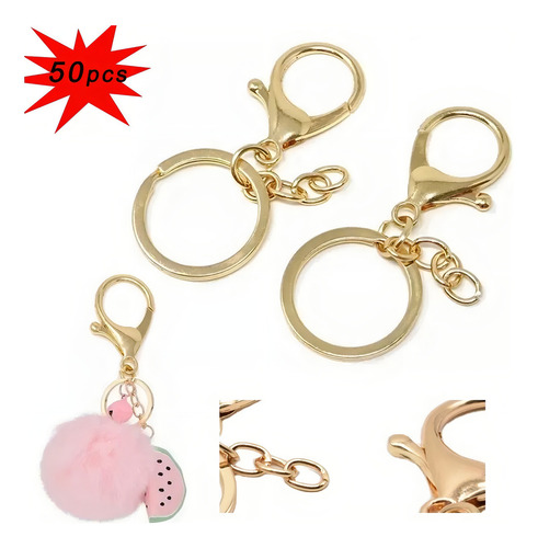 Llavero Herraje De Argolla Plana Broche Cadena 50 Piezas Color Dorado