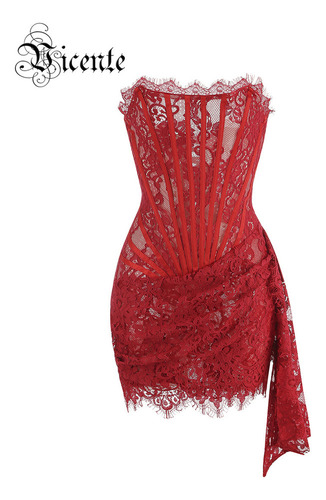 Vestido De Mujer Para Navidad Sin Tirantes De Encaje Vc Rojo