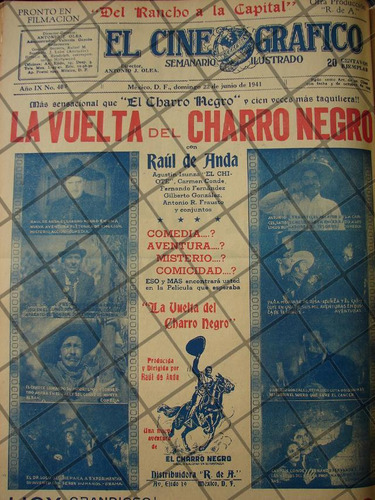 Cartel Antiguo Pelicula La Vuelta Del Charro Negro 1941 /213