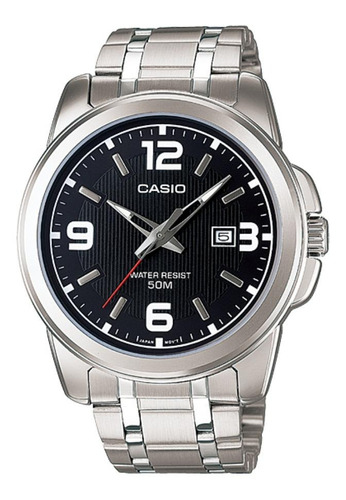 Reloj pulsera Casio Enticer MTP-1314 de cuerpo color plateado, analógica, para hombre, fondo negro, con correa de acero inoxidable color plateado, agujas color gris, blanco y rojo, dial blanco y gris, minutero/segundero blanco, bisel color plateado y desplegable