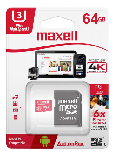 Memoria Maxell Original Micro Sd 64 Gb Xc U3 Ultra Clase 10 