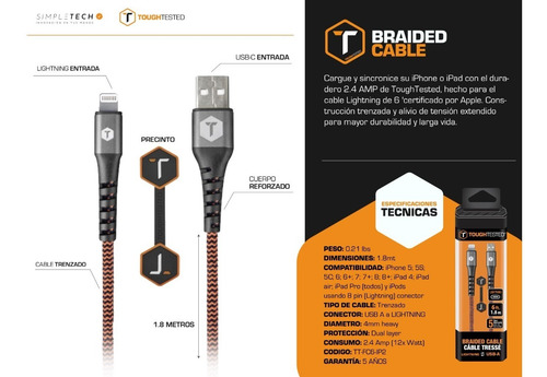 Imagen 2 de 4 de Cable Cargador Lightning Compatible iPhone iPad Toughtested