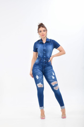 Linda Jardineira Jeans Suspensório Feminina Lycra 36 Ao 44