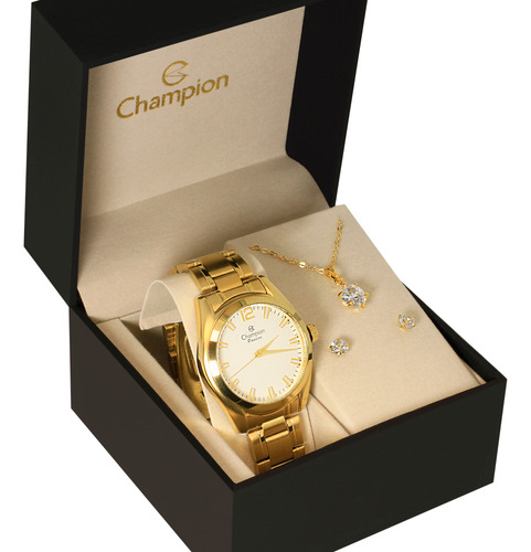 Kit Relógio Feminino Champion Dourado - Cn29865w