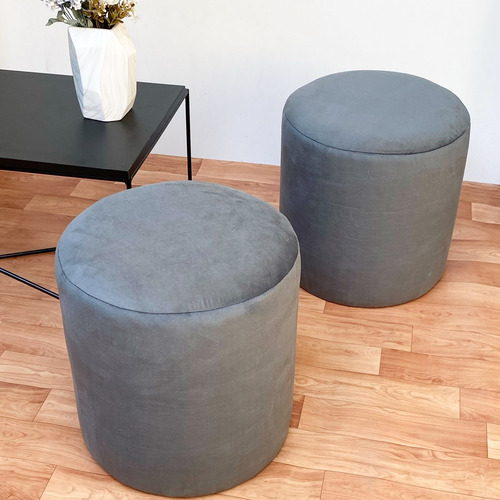 Puff Redondo Pana Boucle Lino Moderno Banqueta Premium Gris Pana