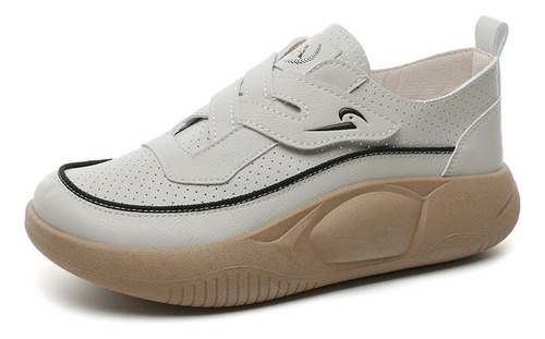 Zapatos Cuero Mujer Suela Gruesa Y Punta Redonda Con Velcro