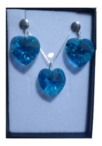 Conjunto Coração Swarovski Blue Zircon Ab 1,8cm Prata 925