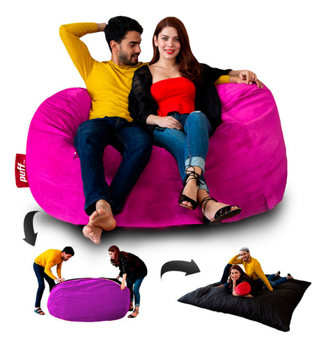Sillón Puff 2 En 1 Con Cama Queen Size Gamuza Suave Fucsia