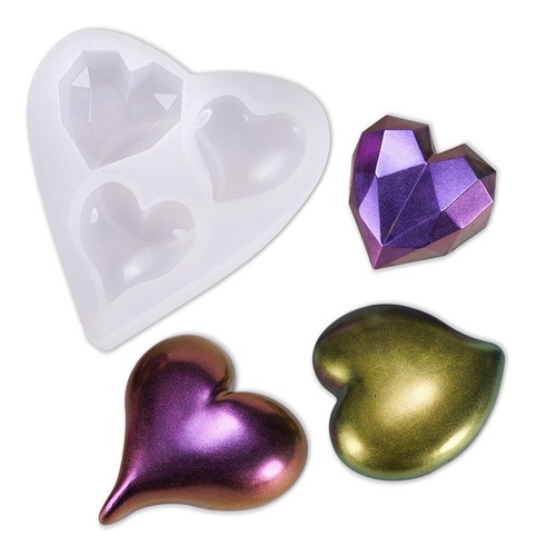 Imagen 1 de 9 de Molde Silicona Epoxi Pasta Resina Llavero 3 Corazones