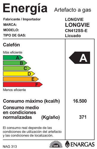 Imagen 2 de 2 de Calefón Longvie T. Natural Pilotless 12 Litros Cn412ss Ge