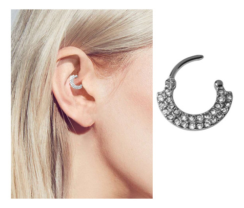 Septum Daith Piercing Con Micro Strass Clicker Acero Quirg. Color Plateado