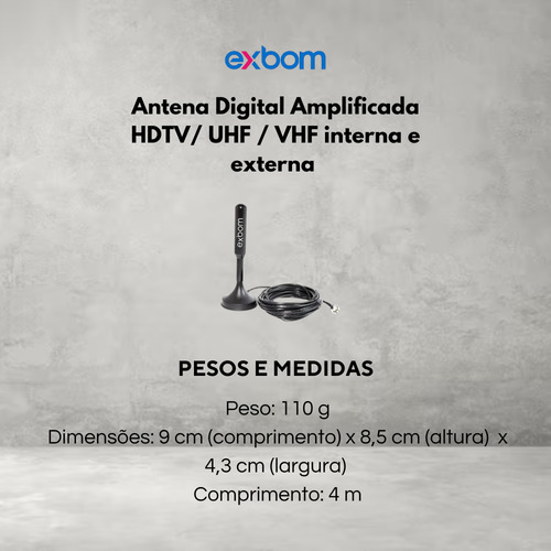 Antena Digital Hdtv Interna E Externa, 3,5dbi Cabo 4m Exbom