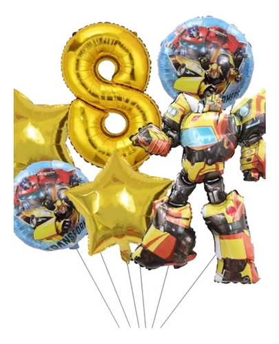 Pack De 6 Globos Tranformers Robot Número Y Muñeco Gde