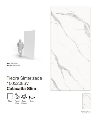 Piedra Sinterizada Mate Calacatta Slim 1200x2400x6mm