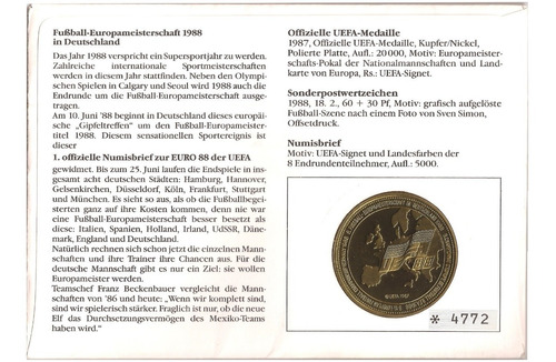 Imagem 2 de 2 de Fdc Com Medalha Oficial Alemanha Eurocopa Futebol 1988