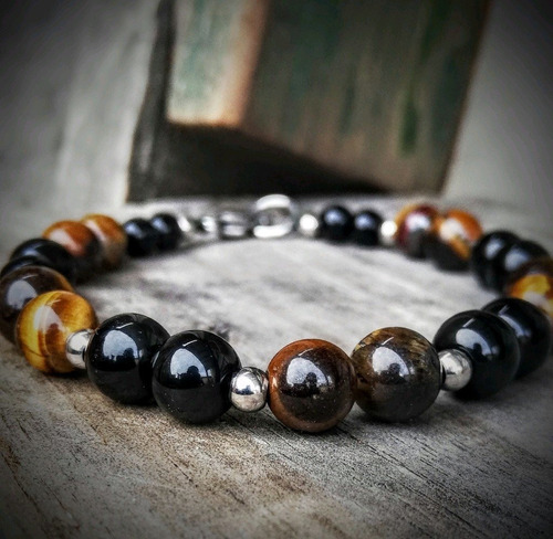 Pulsera Brazalete Piedras Naturales Y Acero. Ojo De Tigre Y 