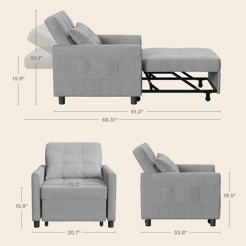 Sofá Cama Multifuncional 3 En 1; Lino Gris Claro; Noelse