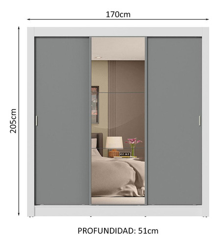 Ropero Closet Madesa 3 Puertas 1 Espejo Bg 02 Color Blanco/Gris