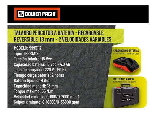 Imagen 7 de 10 de Taladro Perc. Bateria 13mm Brushless 18v Dowen Pagio 9993112