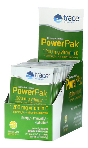 Trace Minerals Powerpak Vitamin C, 30 sachês de minerais, sabor limão e limão