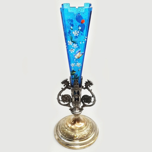 Vaso Antigo Cristal Azul Alemão Wmf Pintado À Mão Com Flores