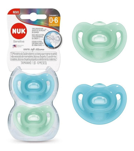 Kit 2 Chupetas Sensitive Soft 100% Silicone C Estojo Boy 0+ Cor Azul/Verde Período de idade 0-6 meses