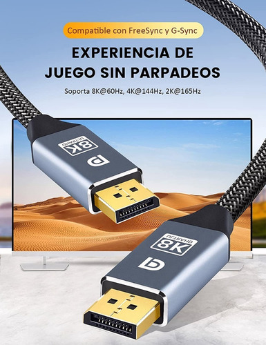 Imagen 3 de 9 de Cable Displayport V1.4, 8k A 60hz, 4k A 120hz / 144hz, 2m