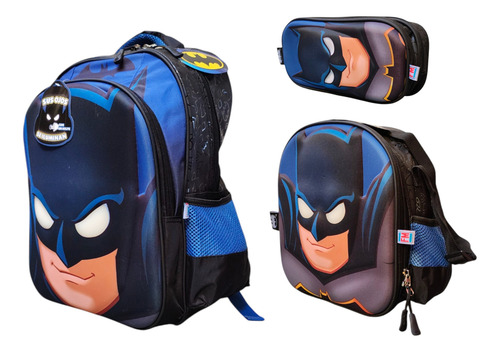 Kit Mochila Lonchera Lapicera Dc Batman 3d Luz Fotorama Azul Impresión