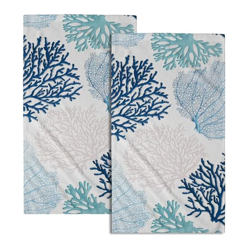 Blue Coral Hand Towel Set Of 2, Nautical Teal Sea Coral...