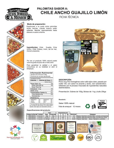 Palomitas Chile Ancho, Guajillo Limón 100g Especias Natural
