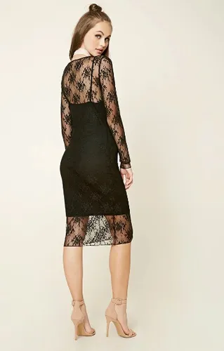 Forever 21 Vestido Encaje Bodycon Stretch Negro Manga Larga