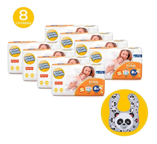 Imagem 1 de 9 de Kit Pom Pom Fraldas Derma Rn 288u + Brinde Babador Fisher