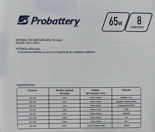Imagen 4 de 7 de Fuente Universal De Notebook Probattery 65w 8 Conectores
