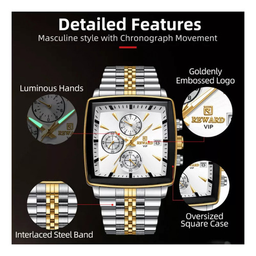 Reloj Cuadrado De Lujo De Acero Inoxidable Con Cronógrafo Re