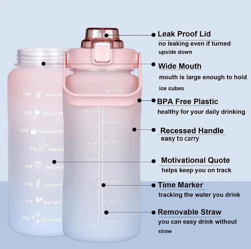 Botella Agua Grande 3 En 1 Motivacional, 2l, 900 Ml Y 500 Ml