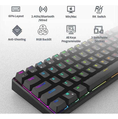 Teclado Mecánico Rk Royal Kludge, Inalámbrico, Rgb, 60 %