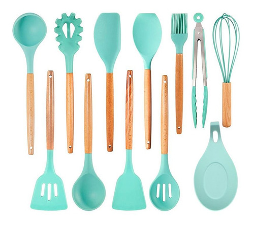 Utensilios De Cocina X12 De Silicona Con Mango De Madera