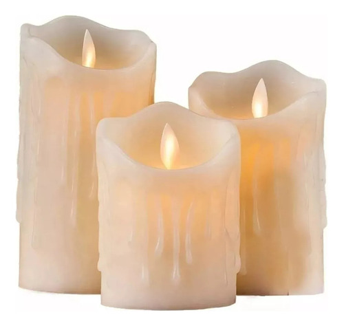 Set 3 Velas Velones Led Calido Efecto Fuego Movimiento Pilas