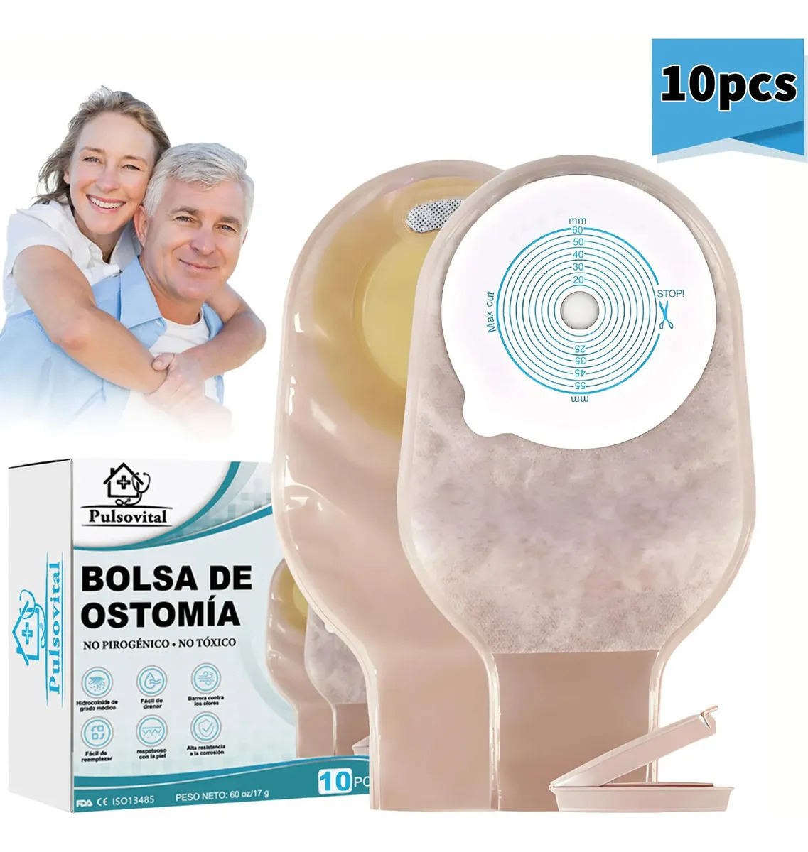 Bolsa de Colostomía Pulsovital Recortable, Pack de 10 Unidades con Filtro de Carbón
