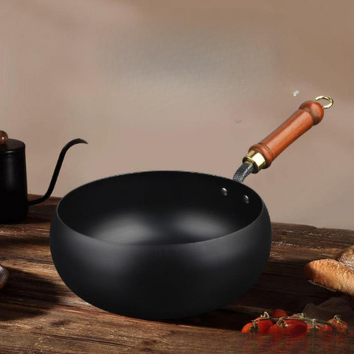 . Olla De Hierro Wok Con Fondo Redondo, Cubierta De Madera