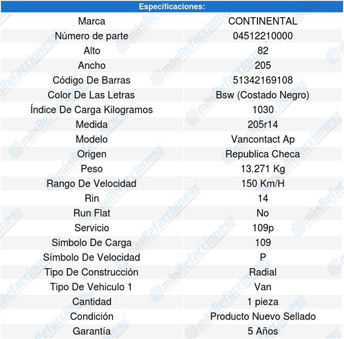1 Llanta 205r14 109p Continental Vancontact Ap