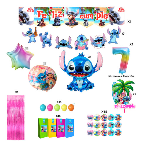 Combo Globos Lilo Y Stitch Hawái Bolsitax15 Banderin Sticker Multicolor Número 6