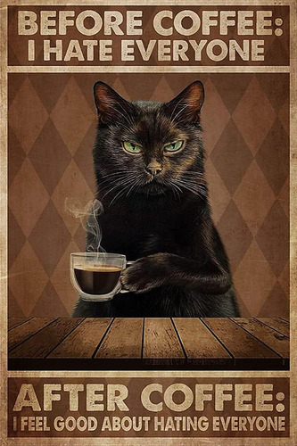 Vintage Tin Cat Before Coffee I Hate Everyone Decoración De