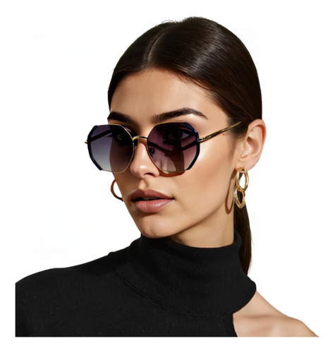 Óculos De Sol Octogonal Retrô Feminino Proteção Uv400 Grande Elegante