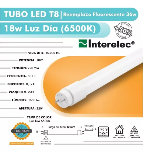 Tubo LED T8 18W, Conexión: UNA punta, Equivale tubo fluorescente 36W