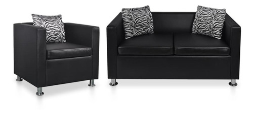 Conjunto De Sofá Sillón Y 2 Plazas Piel Sintética Negra Color Negro